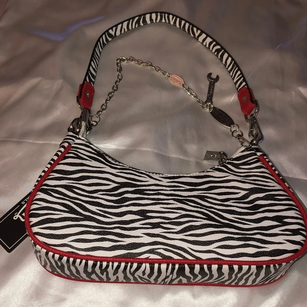 Von Dutch Zebra Print Shoulder Bag Red Trim & Logo Silver Chain + Wrench NWT